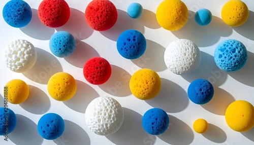 Colorful, textured spheres of various sizes arranged on a white, shadow-cast surface