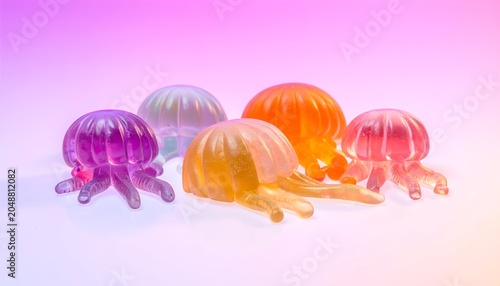 Five colorful jellyfish toys arranged on a gradient background, brightly lit