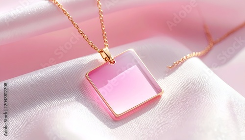 A gold chain necklace with a pink square pendant rests on a silky, pink cloth