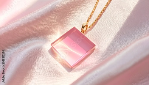 A pink crystal pendant hangs on a gold chain, lying atop smooth, flowing, pink fabric