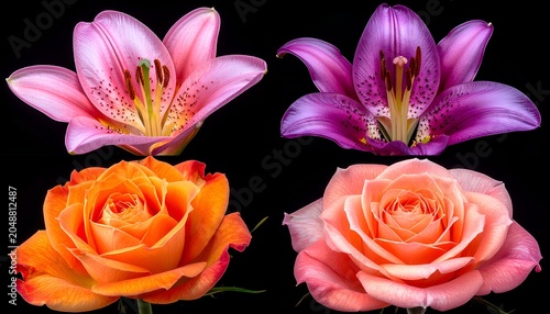Four vibrant, close-up flower blossoms - two lilies and two roses - against a stark black background