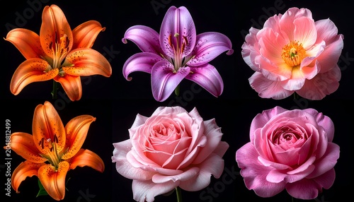 Close-up floral arrangement lilies, roses, and a peony against a stark black backdrop