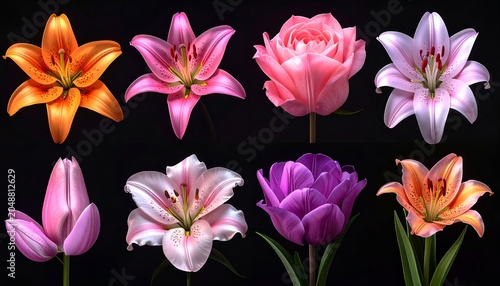 Vibrant array of eight photorealistic flowers on a black background