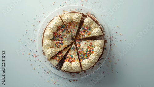 Shattered birthday cake with vibrant sprinkle toppings and thick frosting on white surface representing party gone awry