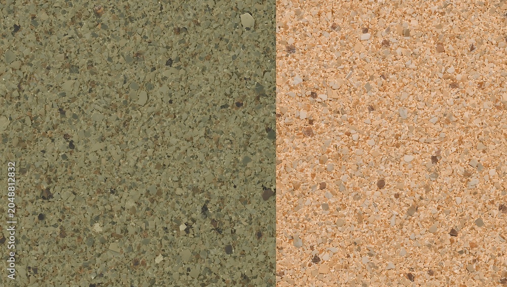 Fototapeta premium Split view texture comparison of green fine grain surface and brown cork material panel with material, background