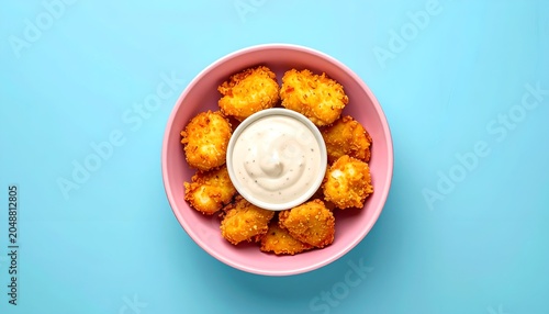 Golden fried, breaded food bites nestled in a pink bowl with a centered dipping sauce