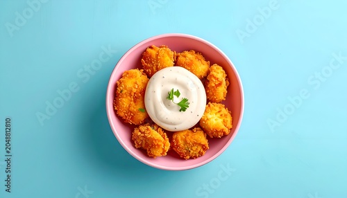 A pink bowl filled with golden, crispy fried pieces surrounding a white creamy dip