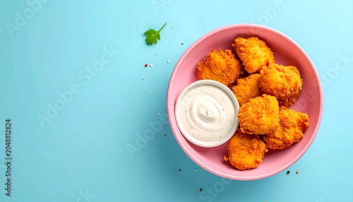 Fried food and dip in pink bowls, garnished, against blue. Top down view
