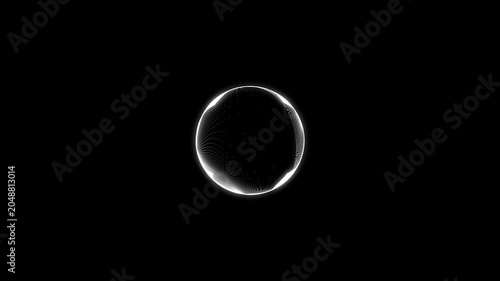 Neon white circular audio visualizer animation on black background, glowing spectrum ring reacting to music beats with futuristic sound wave technology and seamless 4K motion.