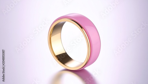 A close-up studio shot of a ring, featuring pink enamel and gold-toned metal