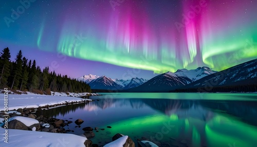 Breathtaking aurora borealis paints the night sky above a snowy mountain lake