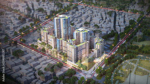 Photography 3d architectural rendering of modern residential buildings in the city