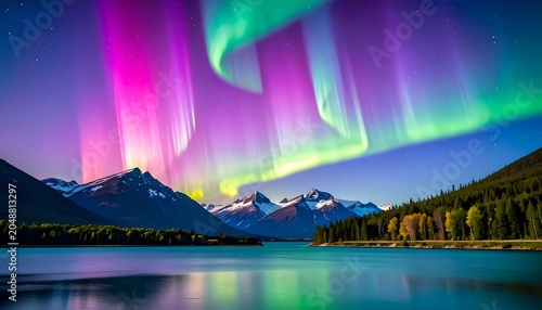 A vibrant aurora borealis dances above snowy mountains, reflected in a still lake