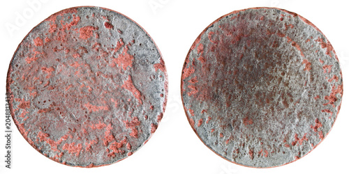 Heavily corroded, unrecognizable historic coin - Front and back isolated on white