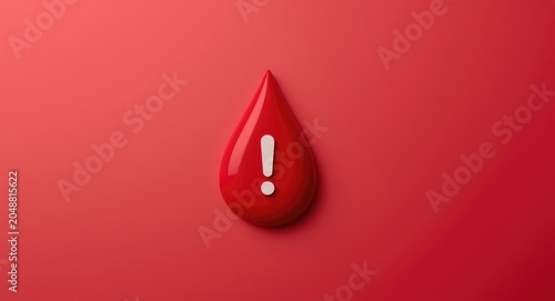 Red pill shaped droplet with exclamation mark on a smooth background featuring anemia and blood donation themes and copy space