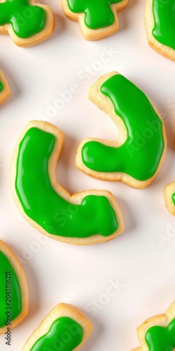 Sugar cookie horseshoe shape with green shiny glazing, perfect St Patrick's Day dessert illustration, ||green, bakery