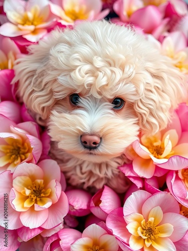 Soft cream poodle curls amidst watercolor petals, illustration, animal