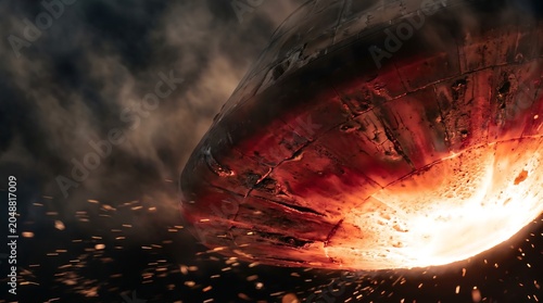Glowing spacecraft heat shield burning with intense orange plasma during atmospheric reentry against dark smoke illustrating a concept for extreme space travel