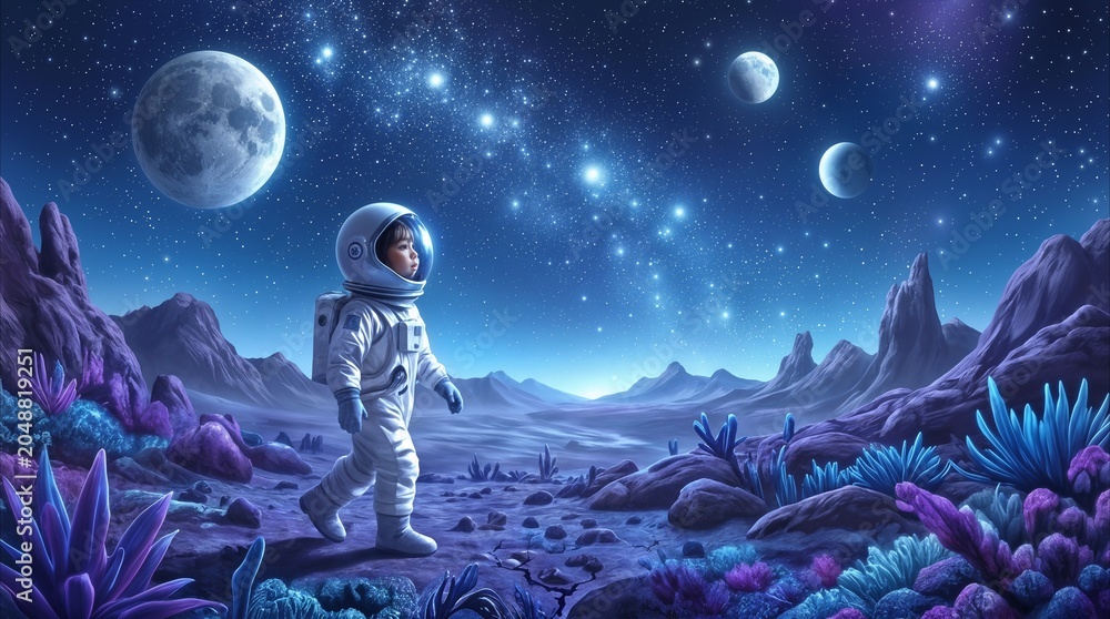 Obraz premium Child astronaut walking on alien planet surface. Little explorer in space suit wandering through purple landscape under starry sky and multiple moons.