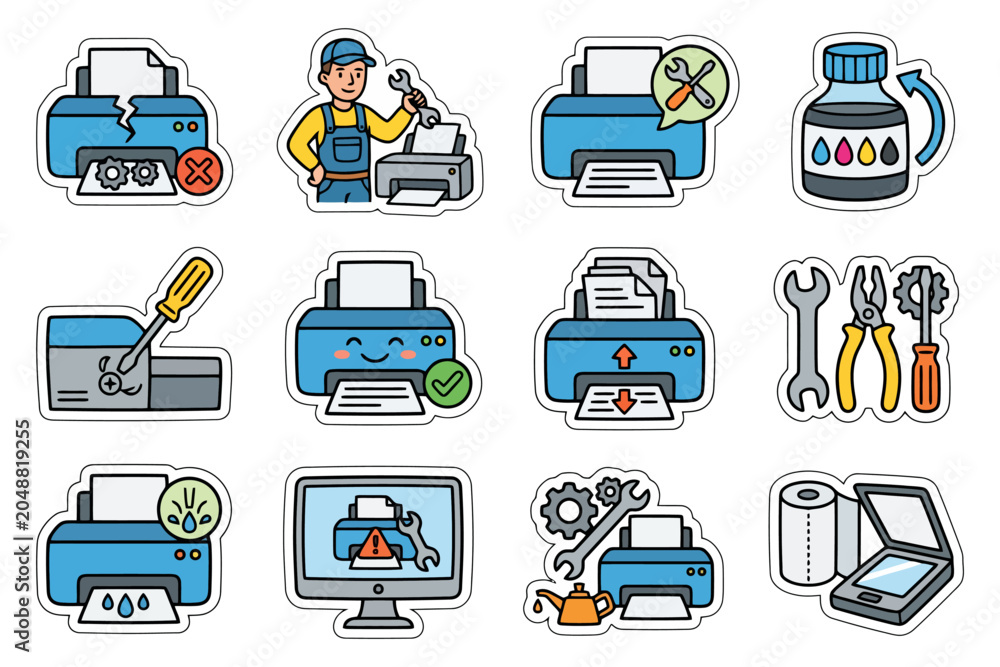 Naklejka premium Printer and repair tool icons: maintenance, ink, tools, and technician graphics.