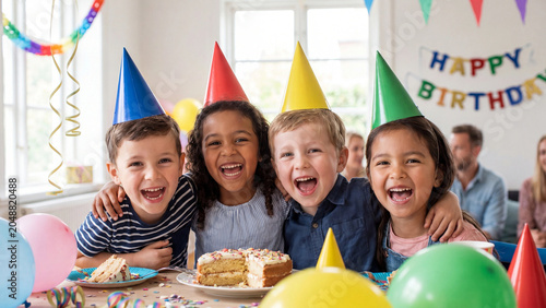 Ecstatic children wearing colorful birthday hats laugh together while posing behind a delicious frosted cake at an indoor party with festive decorations and streamers.