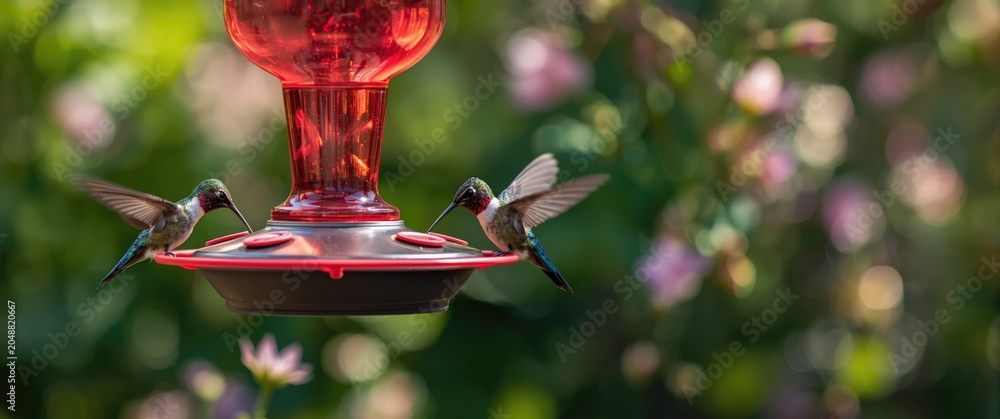 Obraz premium Delightful hummingbirds feeding at a feeder made especially for their nectar treats