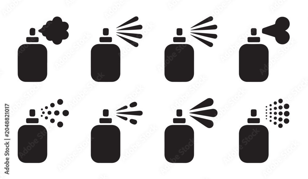 Obraz premium Aerosol spray can icon set depicting various spray patterns and applications.