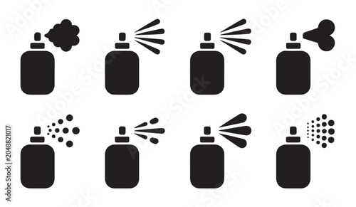 Aerosol spray can icon set depicting various spray patterns and applications.