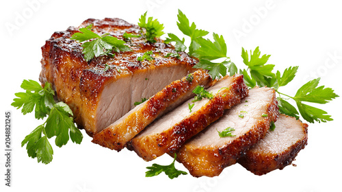 Grilled steak on a white plate, against a transparent background.