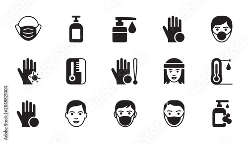 Photos Hygiene and safety icons showing protection against infection with face mask