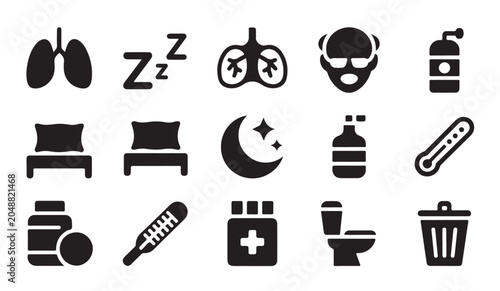 Medical and health icons for illness and recovery including lungs sleep and medicine.