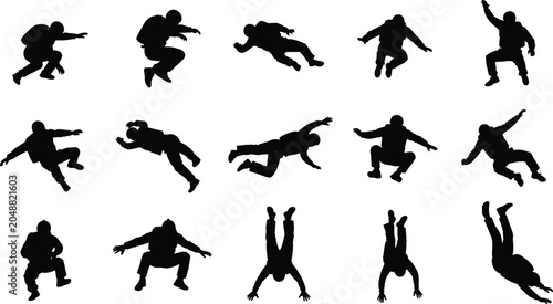 Foto Silhouettes set of skydivers free falling, paragliders jumping, and parachutists