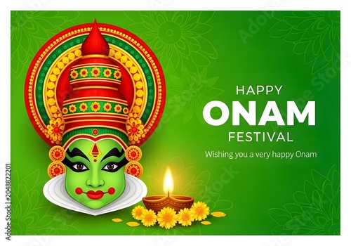 Vibrant onam festival greeting with traditional kathakali mask and floral decorations