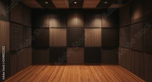 Recording studio with acoustic foam panels and professional lighting against textured soundproof wall background
