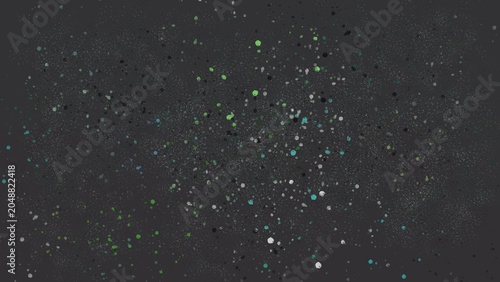 Wide-format dark charcoal grey background with scattered blue and green paint splatter dots in varying sizes. Organic grunge aesthetic with fine speckles and larger blobs creating visual depth