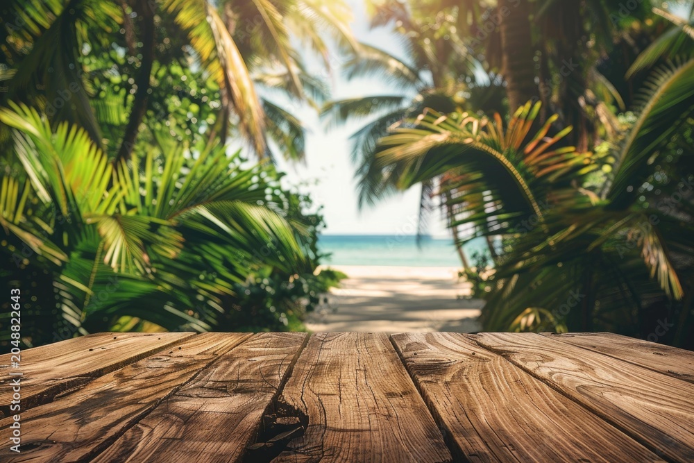 Obraz premium Empty wooden table in front of blurred tropical beach background, perfect for product placement