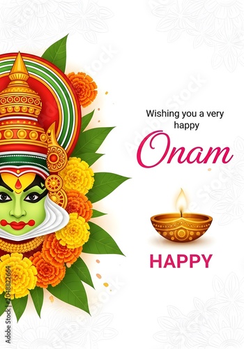Vibrant onam celebration greeting with traditional kathakali face and floral decor