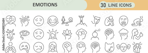 Εκτύπωση καμβά Collection of 30 human emotions and mental state line icons with emotions feelin
