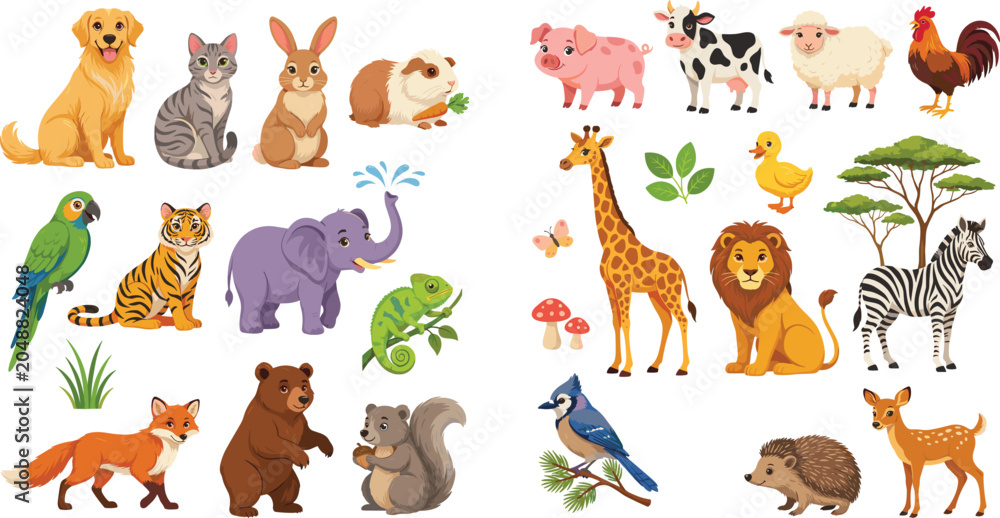 Obraz premium Big animal vector set with farm pet and wild creatures isolated on white background