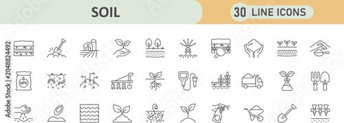 Fotografia Set of 30 soil science and agriculture line icons with agriculture environment g