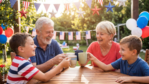 Grandparents and grandsons celebrate together with cheerful smiles while sitting at a rustic wooden table during a festive outdoor summer garden party gathering.