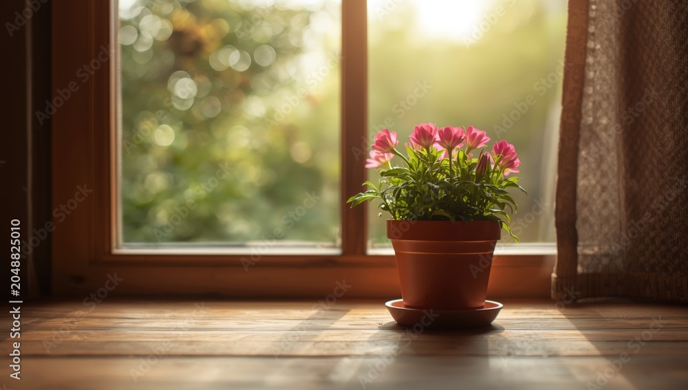 Fototapeta premium Wooden table detail with flower pot against a warm summer window bokeh background