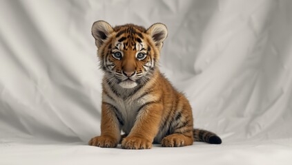 Young tiger cub at two months sitting quietly on a crisp white photography backdrop