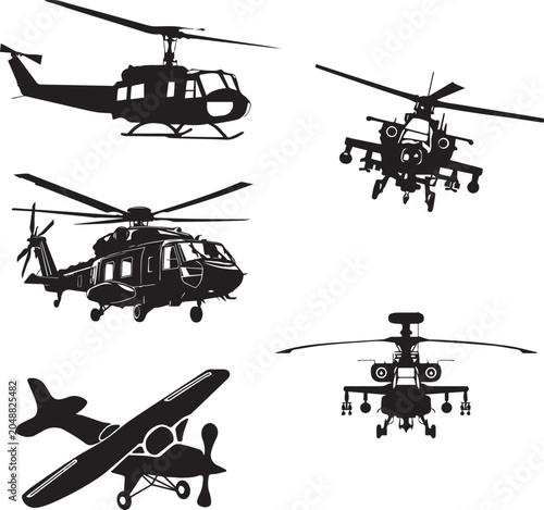 Tactical Military Helicopter and Chopper Silhouette Vector Set