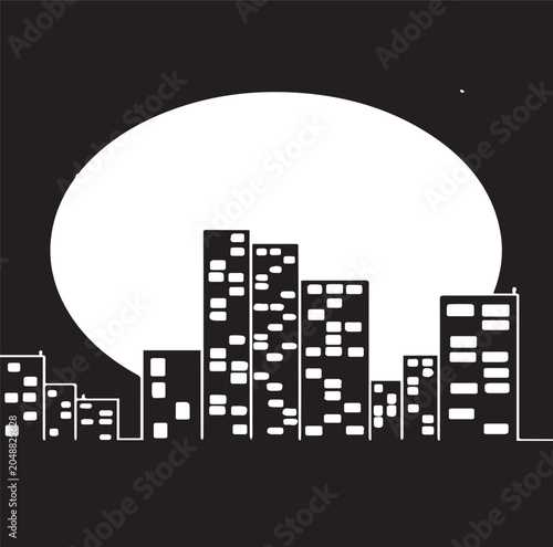 City Skyline Silhouette with Large Full Moon Vector