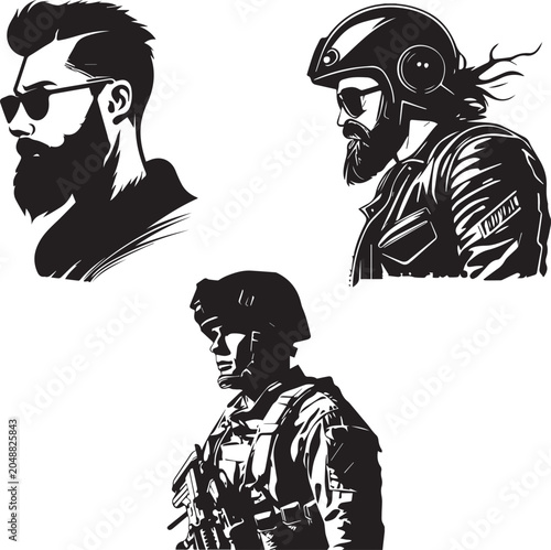 Bearded Hipster Men and Tactical Soldier Portrait Pack