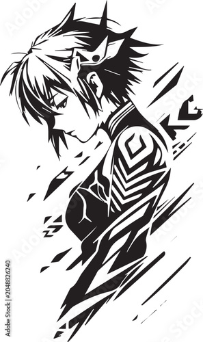 Futuristic Anime Cyborg Girl Portrait Vector Line Art