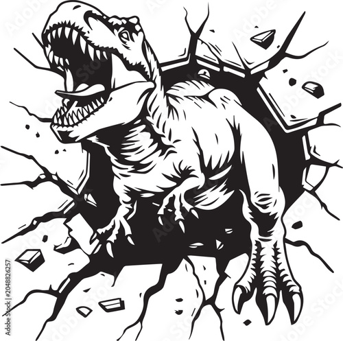 T-Rex Dinosaur Smashing Through Wall Vector Art