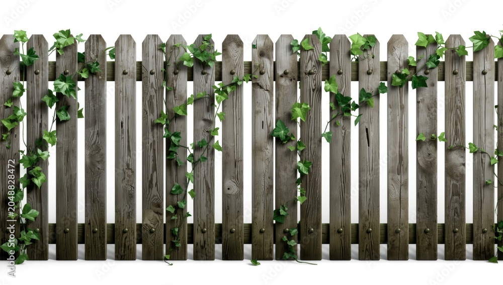 Fototapeta premium Wooden picket fence showing natural wear with lush green ivy covering on a pristine white background