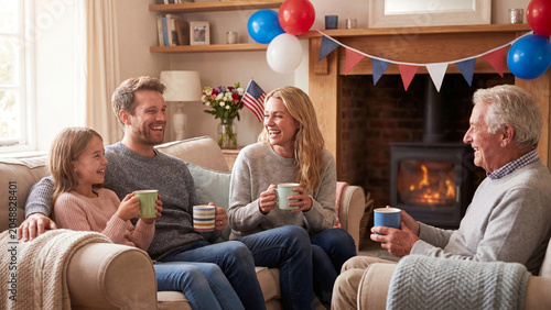 Grandfather and his family sit together on cozy living room armchairs near a burning fireplace while holding warm mugs during a quiet afternoon of conversation and shared family connection.